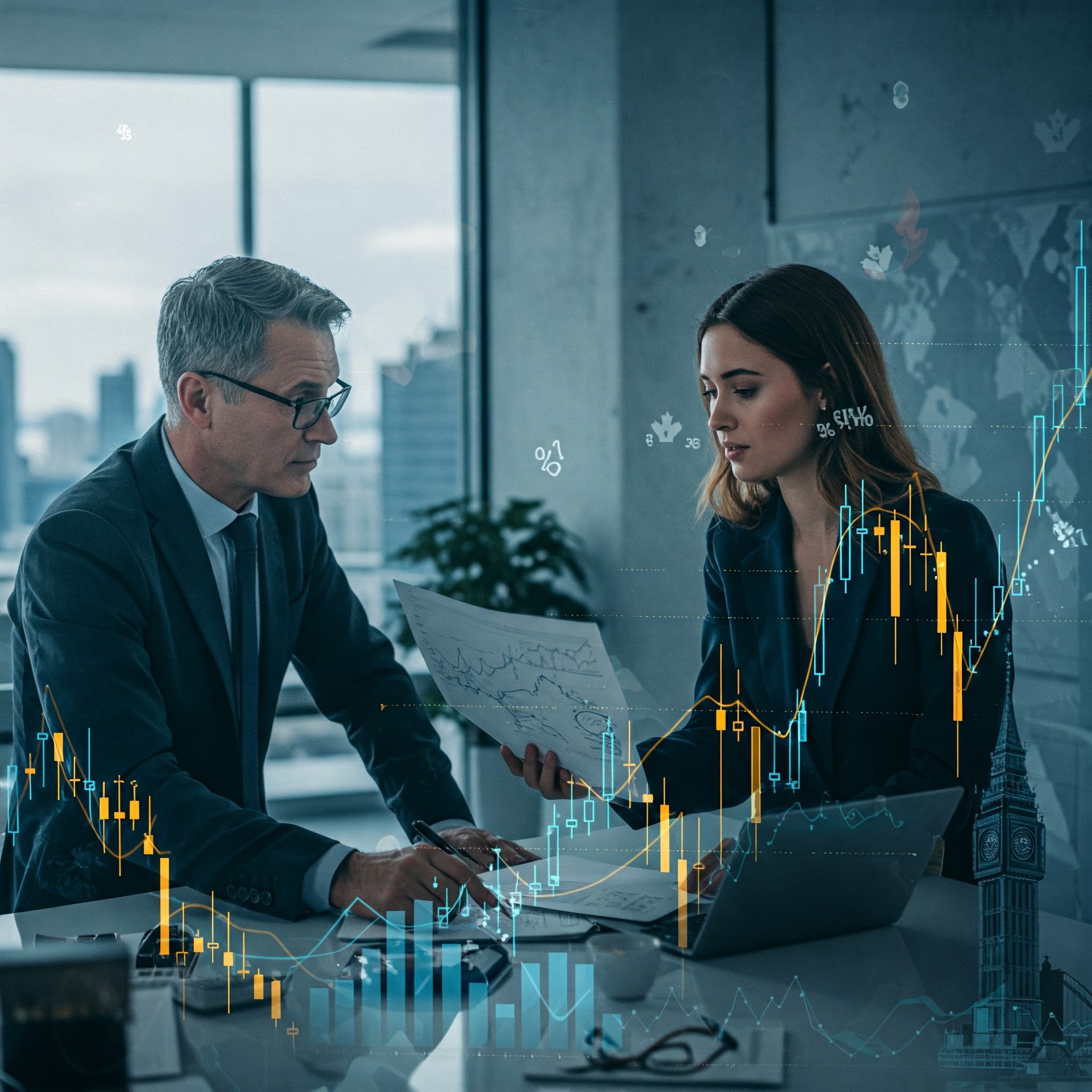 Two people discussing financial charts